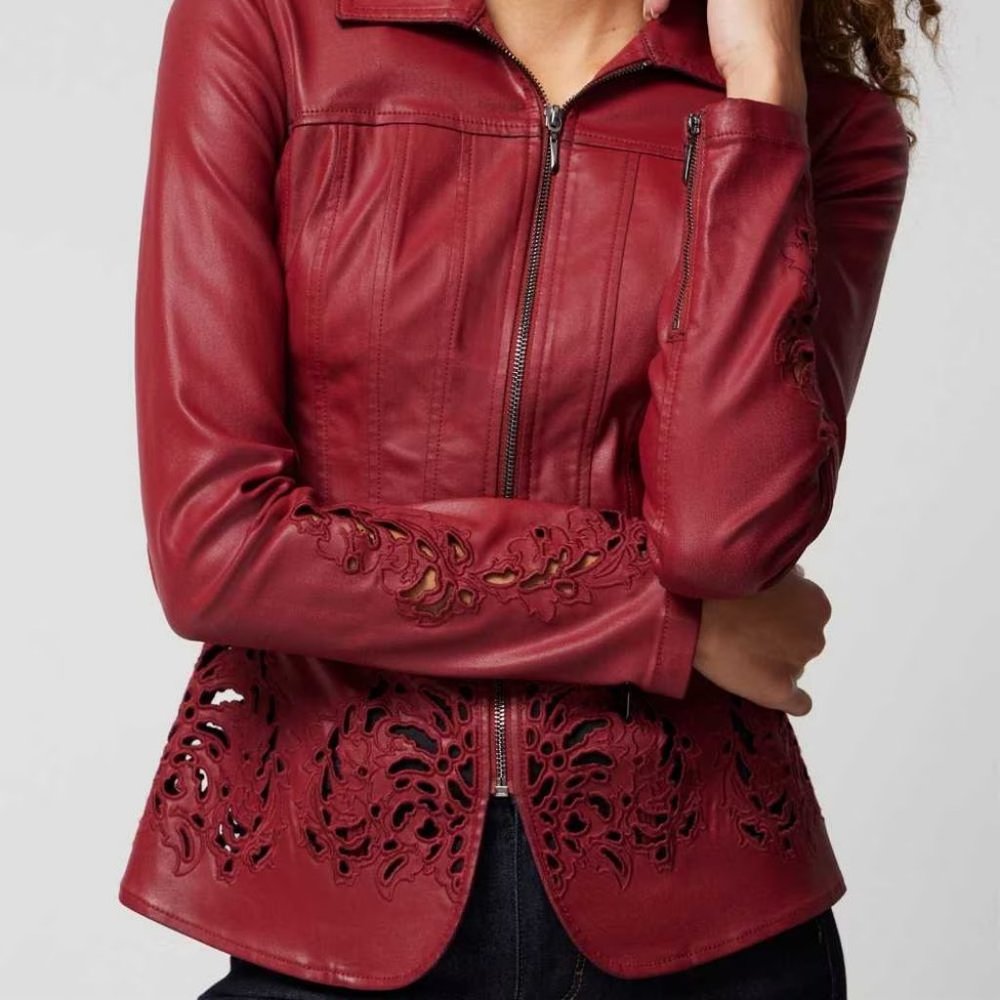 WHBM NWT Cutwork Coated Denim Flirty Jacket Dark Red LEATHER LOOK - Picture 7 of 12